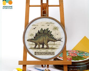 Dinosaur Stegosaurus Cross Stitch Kit & Pattern - Modern Cross Stitch Needlework Art for Fun Embroidery Lovers, CS3198