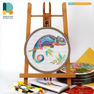 Mandala Chameleon Cross Stitch Pattern and Kit - Modern Hoop Art Embroidery Sampler, PDF Pattern and Needlework Art, CS171