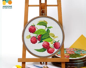 Raspberry Branch Cross Stitch Pattern and Kit: Modern Cross Stitch and Embroidery Sampler for Charming Needlework Art, CS1005