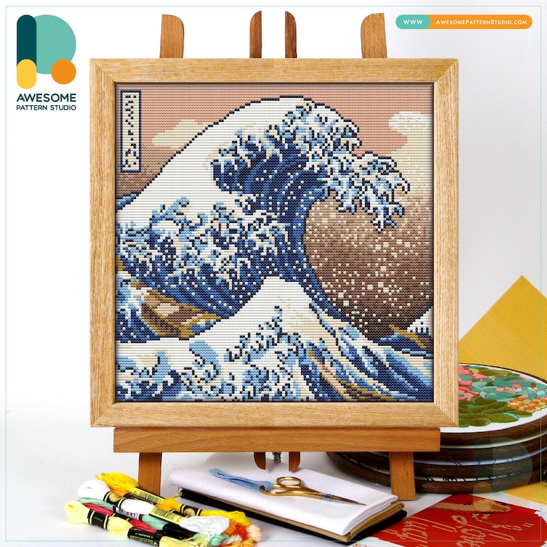 The Great Wave off By Kanagawa Katsushika Hokusai Cross Stitch Pattern and Kit by Hokusai - Modern Needlework Art and PDF Pattern, CS2203 CS2203-1(120 x 120)