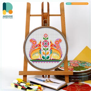 Colorful Squirrel Pair Cross Stitch Kit and Pattern - Modern Cross Stitch Needlework Art for Creative Embroidery Enthusiasts, CS1619