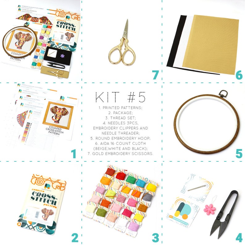 May include: A cross-stitch kit with printed patterns, thread, needles, embroidery clippers, a round embroidery hoop, Aida cloth, and gold embroidery scissors. The kit includes an elephant design. The text "KIT #5" is visible.