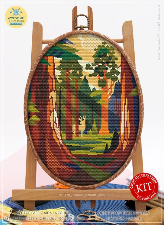 Threads Fabrick and 4 Printed Color Schemes Inside Embroidery Pattern Kit Sequoia National Park K478 Counted Cross Stitch KIT#2 Needles