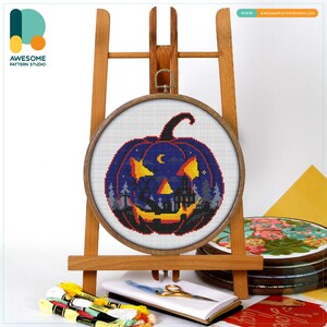 Spooky Pumpkin Cross Stitch Kit and Pattern - Modern Needlework Art and Embroidery Sampler for Halloween Decor, CS2387