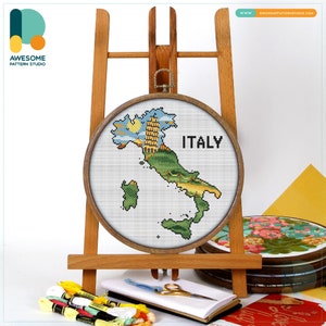 The Leaning Tower of Pisa Map, Italy Cross Stitch Pattern and Kit - Modern Needlework Art and Embroidery Sampler, CS2553