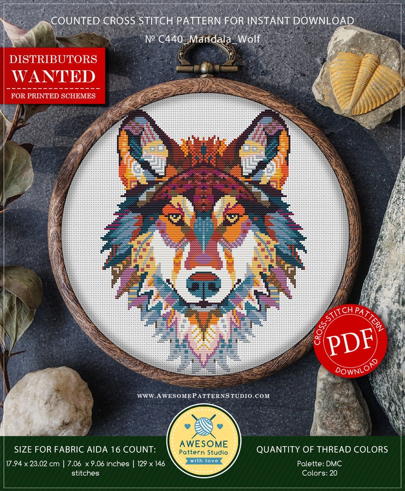 Mandala Wolf P440 Cross Stitch Embroidery Pattern Download Stitching Cross Stitch Designs Cross Stitch Embroidery Cross Designs image 1