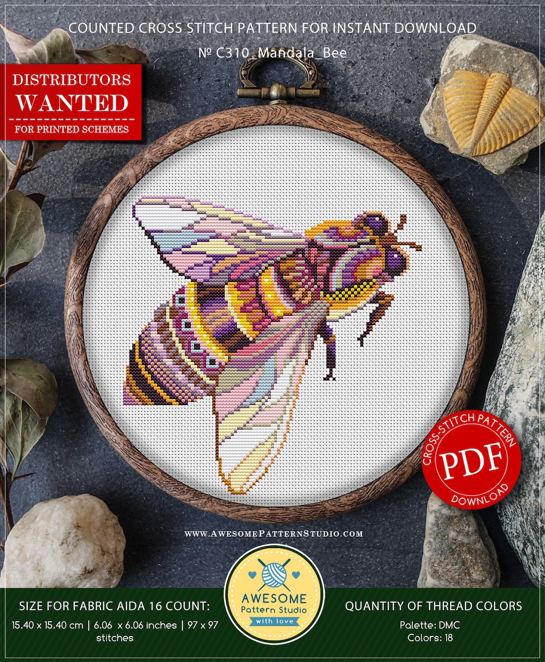 Mandala Bee #P310 Patrón de bordado en punto de cruz Descarga - Main Image