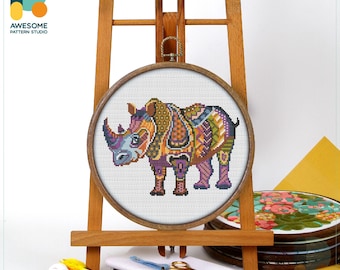 Mandala Rhinoceros Cross Stitch Pattern and Kit - Modern Cross Stitch Hoop Art and Needlework Embroidery Sampler, CS287