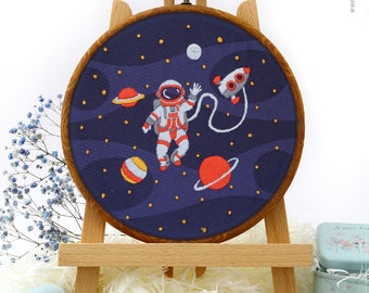 Astronaut in Space Embroidery Kit and Pattern - Modern Embroidery Art Gift for Her or Him
