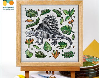 Dimetrodon Dinosaur Skeleton Cross Stitch Pattern and Kit - Modern Cross Stitch and Needlework Art for Dino Lovers, CS2095