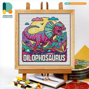 Dino Park Dilophosaurus Cross Stitch Pattern & Kit - Modern Needlework Art with PDF Pattern and Hand Embroidery Essentials, CS3211