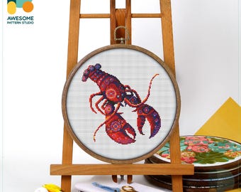 American Lobster Cross Stitch Pattern and Kit - Modern Needlework Art with PDF Pattern and Embroidery Sampler Elements, CS1287