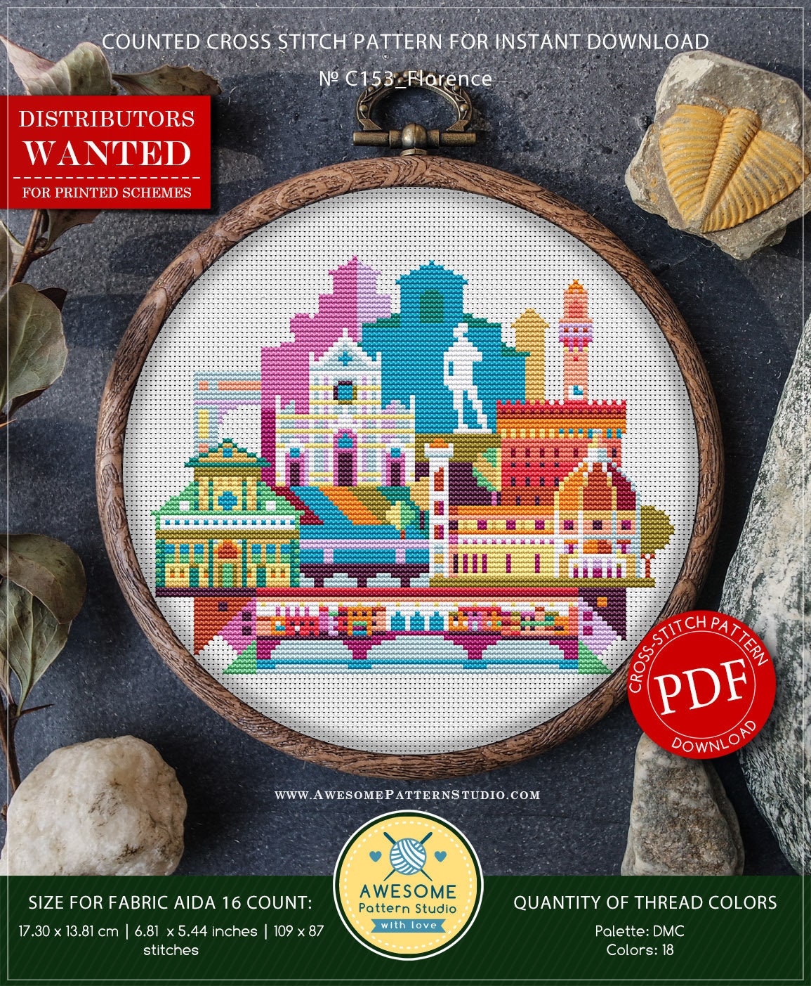 Florence #P153 Embroidery Cross Stitch PDF Pattern Download