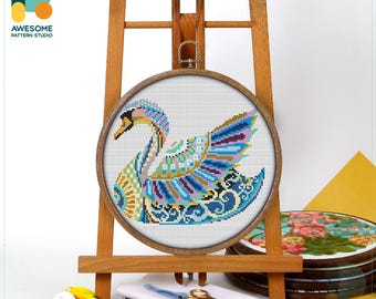 Mandala Swan Cross Stitch Pattern and Kit: Modern Needlework Art for Elegant Hoop Art or Hand Embroidery Enthusiasts, CS304