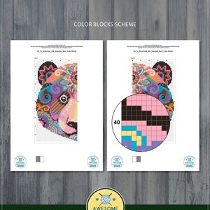 May include: A digital PDF file showing a color block pattern for a cross stitch design of a mandala bear. The design is shown in two ways: a full color image and a color block chart. The chart shows 40 different colors.
