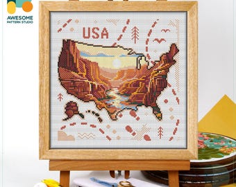 Grand Canyon Map, USA  Cross Stitch Kit and Pattern - Modern Embroidery Sampler for Needlework Art Enthusiasts, CS2522