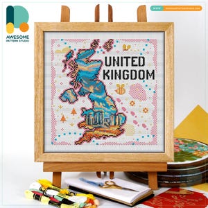 Patrón y kit de punto de cruz del mapa de Stonehenge, Wiltshire, Reino Unido: Arte moderno de bordado en punto de cruz, CS2570