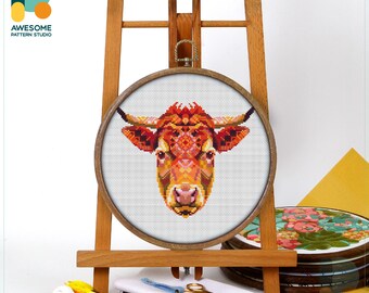 Colorful Cow Portrait Cross Stitch Pattern and Kit - Modern Cross Stitch Needlework Art, CS1159