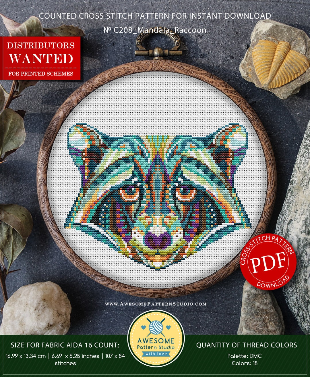 Mandala Raccoon Mandala Raccoon #P208 Embroidery Cross Stitch Pattern Download | Cross ...