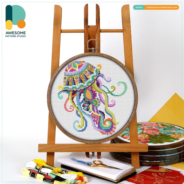 Mandala Jellyfish Cross Stitch Pattern and Kit: Modern Cross Stitch Needlework Art, CS239