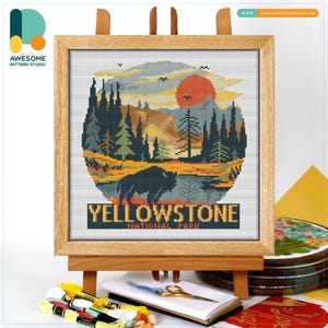 Yellowstone National Park, USA, America Cross Stitch Pattern and Kit - Modern Cross Stitch and Embroidery Sampler for Needlework Art, CS2658