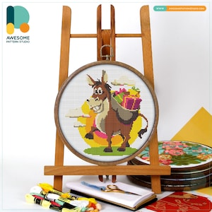 Happy Donkey Cross Stitch Pattern and Kit - Modern Needlework Art, Funny Cross Stitch for Beginners, Complete Embroidery Sampler, CS024