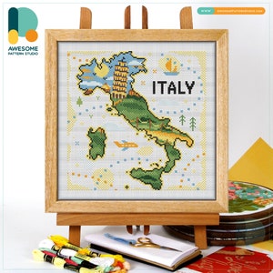 Italy The Leaning Tower of Pisa Map CS2554, Counted Cross Stitch Pattern KIT and PDF | Embroidery Pdf Pattern Download | Cross Stitch Kits