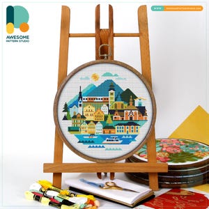 Hallstatt, Austria, Europe Cross Stitch Pattern and Kit - Modern Needlework Art, Hand Embroidery Sampler for Creative Stitchers, CS1939