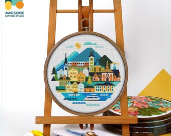 Hallstatt, Austria, Europe Cross Stitch Pattern and Kit - Modern Needlework Art, Hand Embroidery Sampler for Creative Stitchers, CS1939
