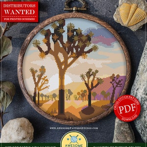 May include: Counted cross stitch pattern for Joshua Tree National Park, featuring a desert landscape with a Joshua tree in the centre. The pattern is 150 x 150 stitches and uses 18 colours of DMC thread.