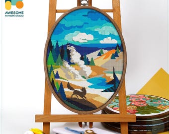 Lassen Volcanic National Park, USA Cross Stitch Kit and Pattern - Modern Needlework Art for Simple Cross Stitch Enthusiasts, CS1148