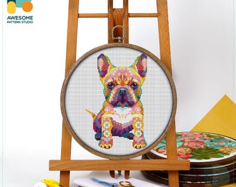 Mandala French Bulldog Cross Stitch Pattern and Kit: Modern Cross Stitch Needlework Art with PDF Pattern and Hoop Art Option, CS548