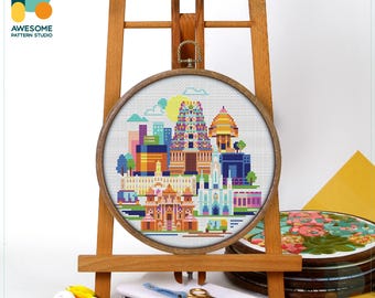 Chennai, India, Asia Cross Stitch Pattern and Kit - Modern Cross Stitch and Embroidery Sampler for Unique Needlework Art, CS671