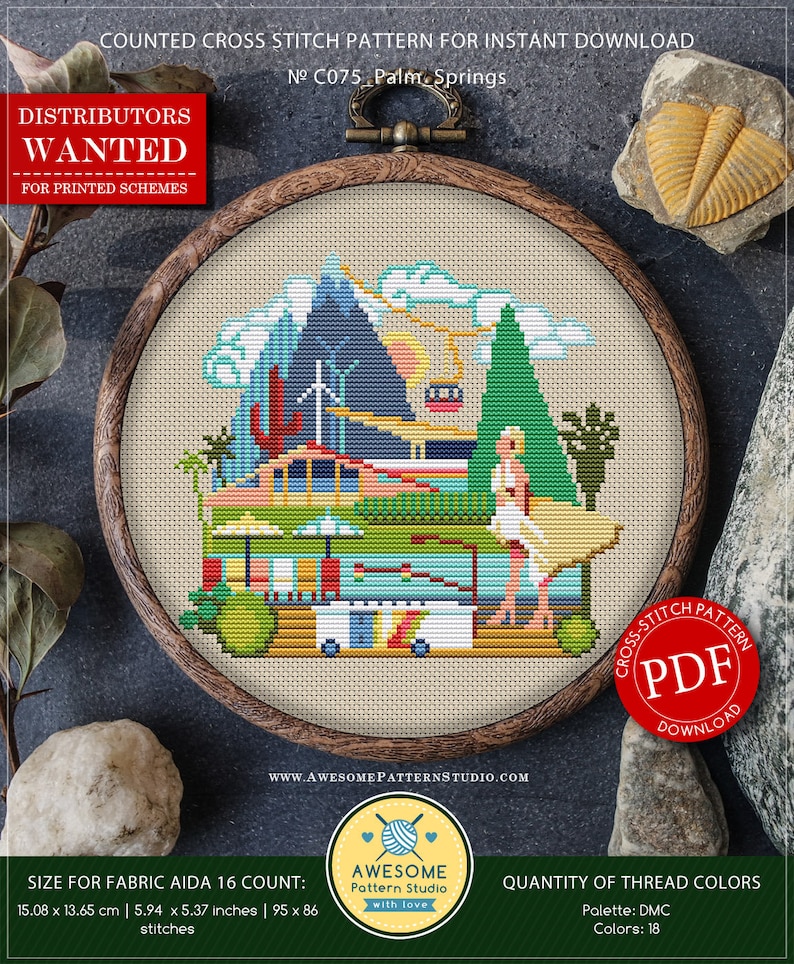 May include: Counted cross stitch pattern for instant download, titled "Palm Springs" with a colorful illustration of a desert landscape with a camper van, palm trees, mountains, and a woman in a white dress. The pattern is 95 stitches wide by 86 stitches high and uses 18 DMC colors.