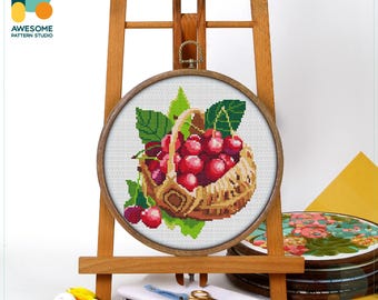 Basket of Cherries Cross Stitch Kit and Pattern - Modern Cross Stitch Embroidery Sampler for Needlework Art, CS1032