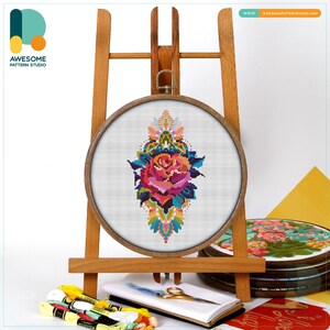 Mandala Rose Cross Stitch Kit and Pattern - Modern Cross Stitch Needlework Art, CS183