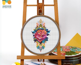 Mandala Rose Cross Stitch Kit and Pattern - Modern Cross Stitch Needlework Art, CS183