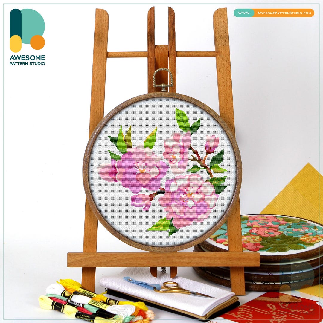 Sakura Japanese Cherry Blossom Cross Stitch Pattern and Kit - Modern ...