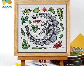 Stegosaurus Dinosaur Skeleton Cross Stitch Pattern and Kit - Modern Cross Stitch Needlework Art, CS2091