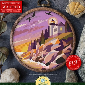 May include: Counted cross stitch pattern for instant download, featuring a lighthouse on a rocky coastline with a sunset sky. The pattern is 9.37 inches by 9.37 inches and uses 18 colors of DMC thread.