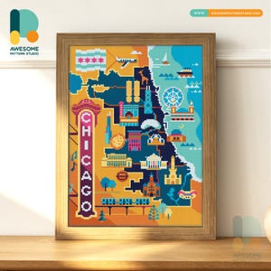May include: A framed cross-stitch map of Chicago, Illinois, featuring landmarks and the city's name in vertical text. The artwork uses a vibrant palette of blues, oranges, yellows, and greens. The frame is made of wood.