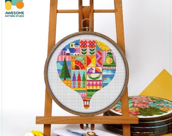 Air Balloon Collage CS1583, Counted Cross Stitch Pattern KIT and PDF | Embroidery PDF Pattern Download | Cross Stitch Kits