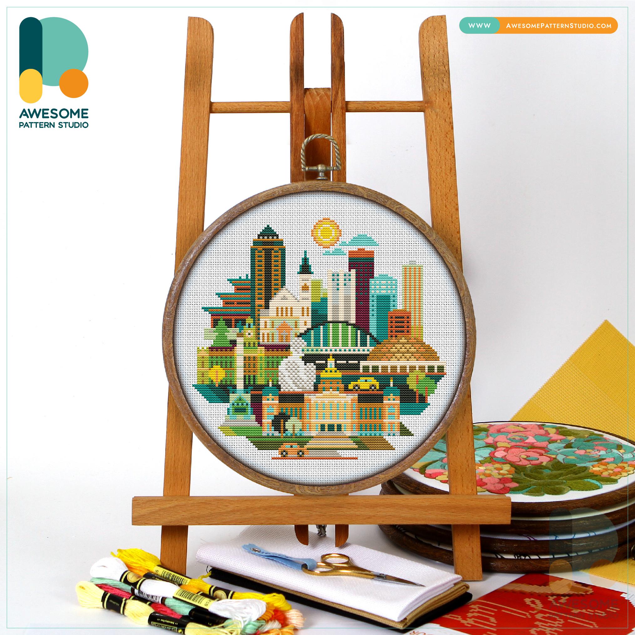 Des Moines, Iowa, USA Cross Stitch Pattern and Kit - Modern