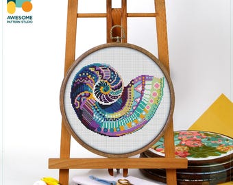 Mandala Nautilus Shell Cross Stitch Kit and Pattern - Modern Cross Stitch Needlework Art, CS1279