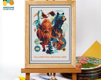 Yellowstone Nationalpark, USA, Amerika Wilde Tiere Kreuzstichmuster und Kit - Moderne Handarbeitskunst und Stickerei Sampler, CS2650