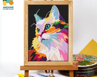 Colorful Cat Portrait: Cross Stitch Pattern and Kit - Modern Cross Stitch Needlework Art, CS911