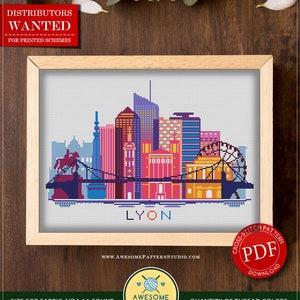 May include: Counted cross stitch pattern for instant download of a colorful cityscape of Lyon, France. The pattern is for Aida 16 count fabric and uses 21 DMC colors. The pattern measures 11.25 inches by 7.56 inches and includes 180 x 121 stitches.