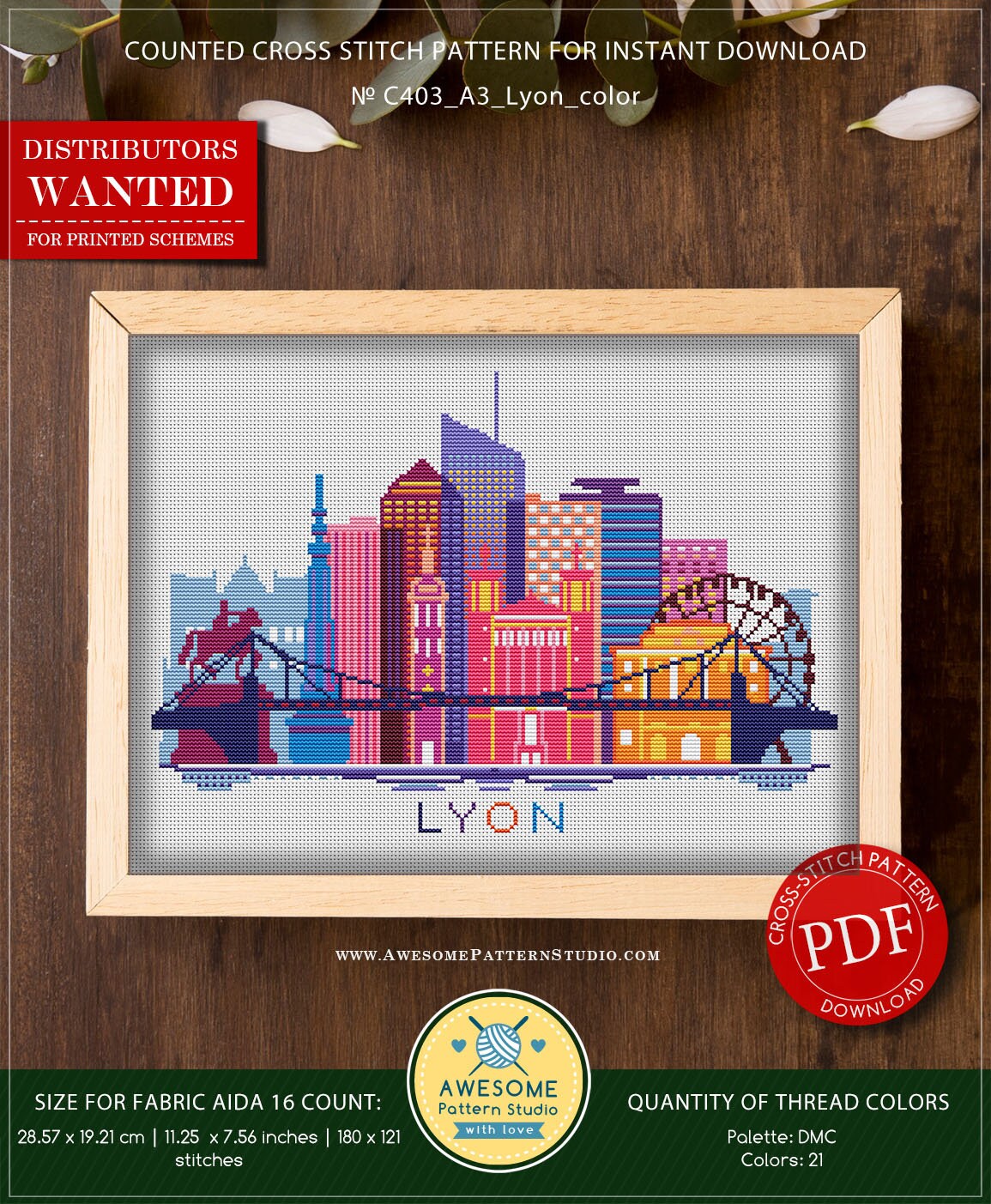 A3 Lyon color #P403 Cross Stitch Embroidery PDF Pattern Download | Cross Stitch Patterns | Needlepoint | Cross Stitch Embroidery