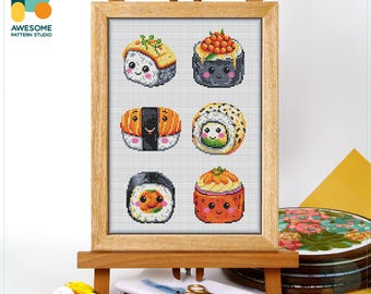 Cute Sushi Faces Cross Stitch Pattern and Kit: Funny Needlework Art for Modern Cross Stitch Fans, CS2662
