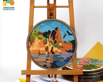 Pinnacles National Park, USA Cross Stitch Pattern and Kit: Modern Needlework Art, PDF Pattern and Hand Embroidery Sampler, CS1165